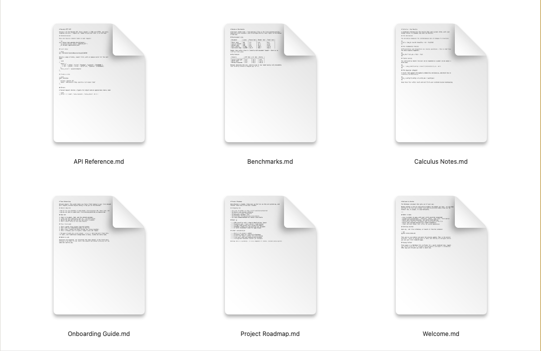 A Finder window in icon view showing several Markdown files, each with a per-file thumbnail of its rendered content.