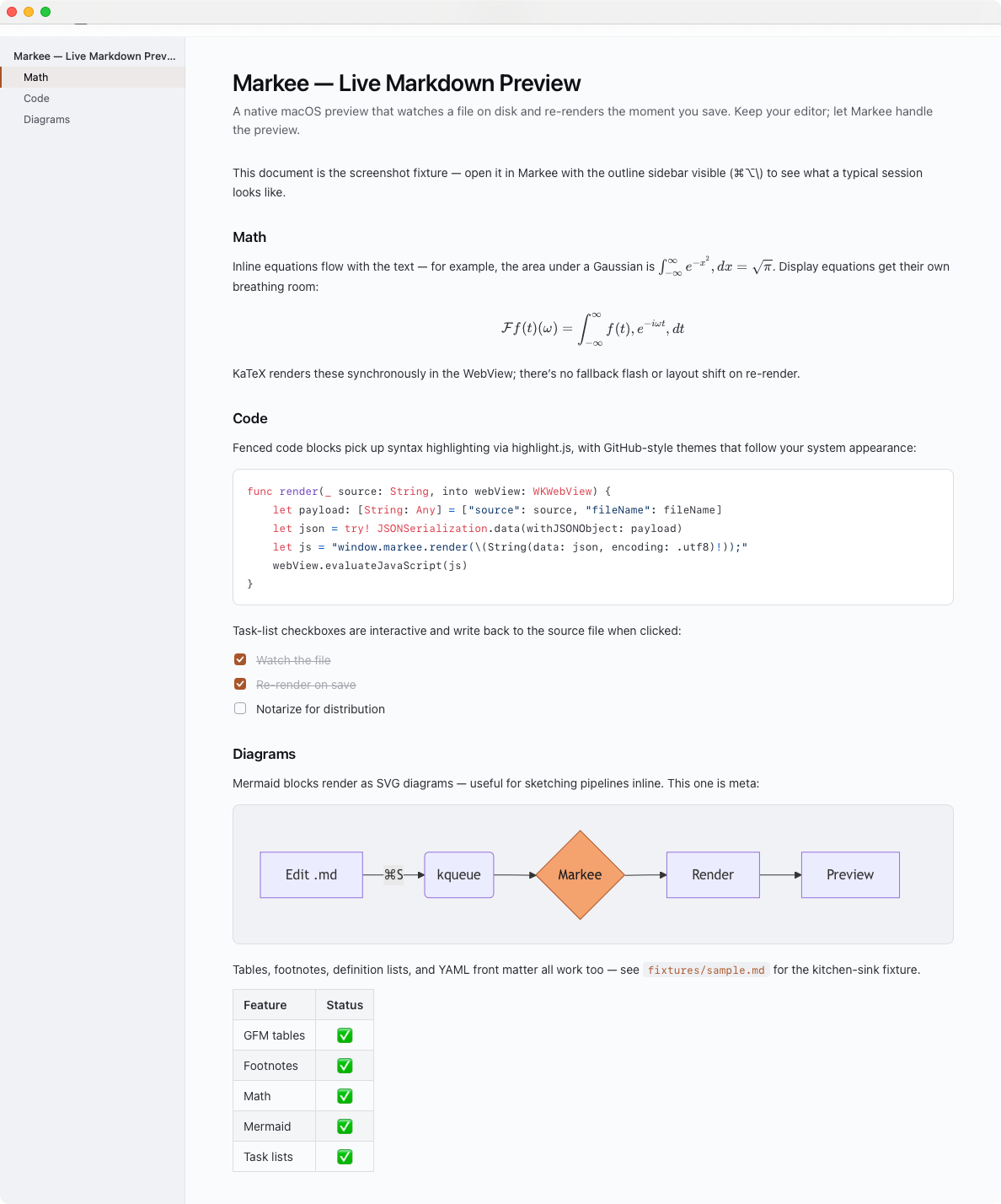 Markee window showing a Markdown file with outline sidebar, KaTeX equation, syntax-highlighted code, and a Mermaid diagram.